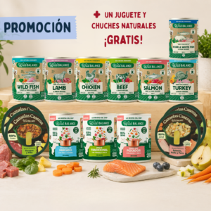 Pack “Despensa Llena” (7 latas filosofía BARF + 3 recetas del chef + 4 cazuelas) + ¡juguete y chuches naturales gratis!