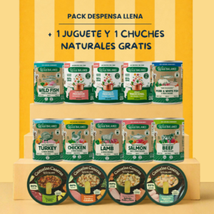 Pack “Despensa Llena” (7 latas filosofía BARF + 3 recetas del chef + 4 cazuelas) + ¡juguete y chuches naturales gratis!