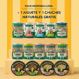 Pack “Despensa Llena” (7 latas filosofía BARF + 3 recetas del chef + 4 cazuelas) + ¡juguete y chuches naturales gratis!